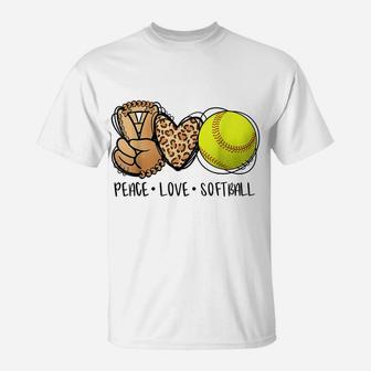 Peace Love Softball Mom Leopard Print Mother's Day Softball T-Shirt | Crazezy