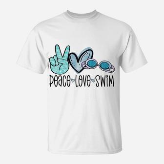 Peace Love Swim Funny Swimming Googles Swimmer T-Shirt | Crazezy