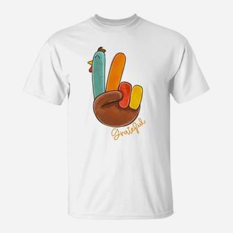 Peace Love Turkey Grateful Turkey Hand Sign Thanksgiving Sweatshirt T-Shirt | Crazezy UK