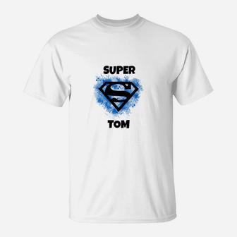 Personalisiertes Superhelden-T-Shirt mit Namen 'SUPER TOM', Einzigartiges Design - Seseable