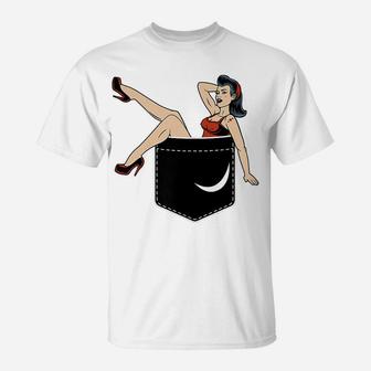 Pin Up Girl In Pocket Funny Vintage Retro Illustration Gifts T-Shirt | Crazezy CA