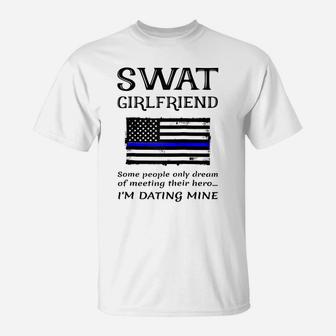 Proud Swat Girlfriend Special Forces Us Flag Thin Blue Line Raglan Baseball Tee T-Shirt | Crazezy