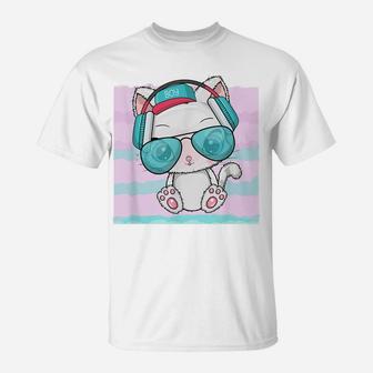 Rave Kitty Cat Pastel Blue Pink Wave Headphones Music Lovers T-Shirt | Crazezy