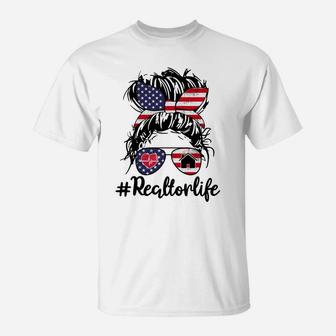 Real Estate Agent Women Messy Bun Hair Usa Flag 4Th Of July T-Shirt | Crazezy UK