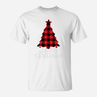 Red Buffalo Check Plaid Merry Christmas Tree Holiday Gift T-Shirt | Crazezy
