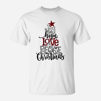 Red Plaid Joy Hope Love Peace Christmas Tree Family Pajamas Raglan Baseball Tee T-Shirt | Crazezy AU