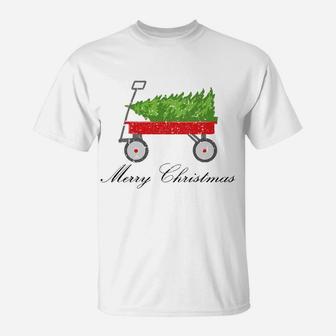 Red Wagon Bringing Home Christmas Tree T-Shirt | Crazezy