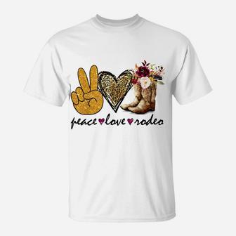 Retro Peace Love Rodeo Cowboy Boots Western Country Cowgirl T-Shirt | Crazezy