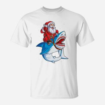 Santa Claus Riding Shark Christmas Boys Kids Sharkmas Xmas T-Shirt | Crazezy AU