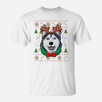 Siberian Husky Ugly Christmas Reindeer Antlers Xmas Women Sweatshirt T-Shirt | Crazezy