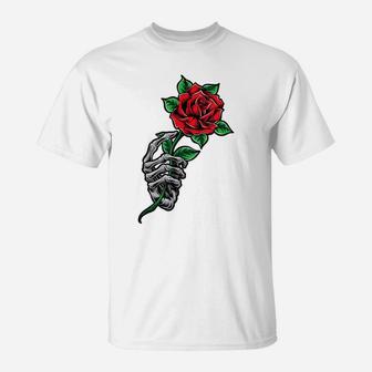 Skeleton Hand Holding A Red Rose Flower Cool Aesthetic T-Shirt | Crazezy DE