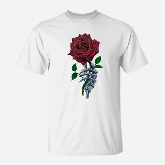 Skeleton Hand Red Rose Flower T-Shirt | Crazezy UK