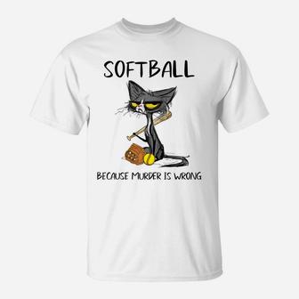 Softball Because Murder Is Wrong-Best Gift Ideas Cat Lovers Raglan Baseball Tee T-Shirt | Crazezy