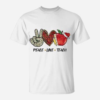 Teacher Christmas Leopard Heart Peace Love Teach T-Shirt | Crazezy CA
