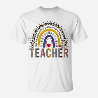 Teacher Teach Love Inspire Funny Boho Rainbow Leopard T-Shirt | Crazezy