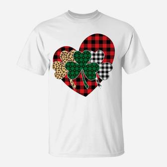 Three Shamrocks Buffalo Plaid Leopard Heart St Patrick Day T-Shirt | Crazezy