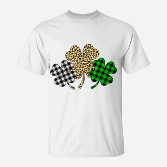 Three Shamrocks Leopard Buffalo Plaid St Patrick Day Gift T-Shirt | Crazezy CA