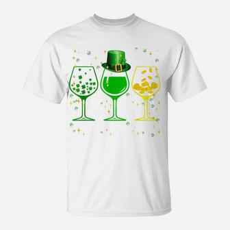Three Wine Glasses Clover Shamrock St Patrick Day Irish Gift T-Shirt | Crazezy