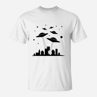 Ufo-Entführungs-Silhouette Herren-T-Shirt in Schwarz-Weiß, Alien Motiv Tee - Seseable