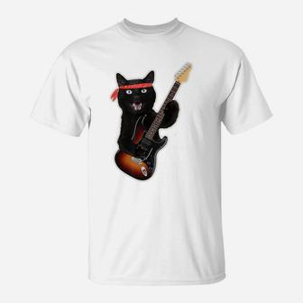 Vintage Black Cat Lover, Retro Style Cats Gift Guitar T-Shirt | Crazezy