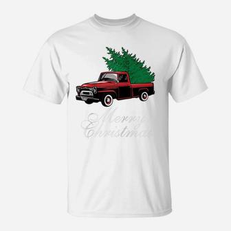 Vintage Red Truck Christmas Tree Merry Xmas Family Pajamas Raglan Baseball Tee T-Shirt | Crazezy