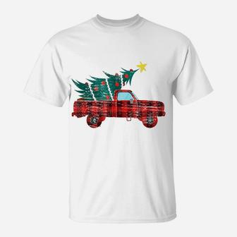 Vintage Red Truck Merry Christmas Tree Red Buffalo Plaid T-Shirt | Crazezy DE