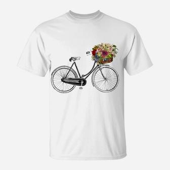 Vintage Sketch Drawing Bike Bicycle Flower Basket T-Shirt | Crazezy