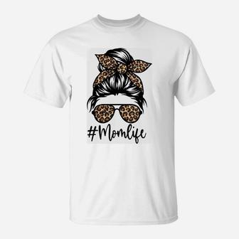 Women Mom Life Bleached Shirt Mom Life Leopard Messy Bun Sweatshirt T-Shirt | Crazezy UK