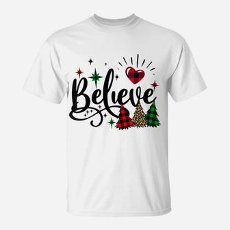 Womens Believe Heart Peace Love Christmas Buffalo Plaid Xmas Tree T-Shirt | Crazezy