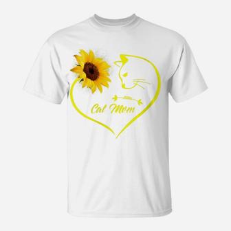 Womens Cute Cat Mom Sunflower Heart Love Mothers Day Gift Cat Lover T-Shirt | Crazezy