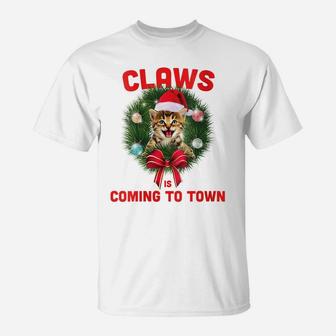 Womens Funny Christmas Cat Claws Is Coming To Town Cat Lovers T-Shirt | Crazezy CA