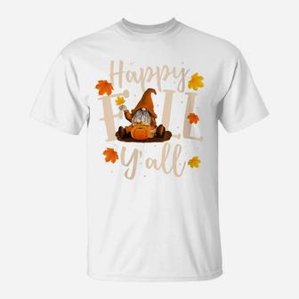 Womens Happy Fall Y'all Cute Gnomes Pumpkin Autumn Tree Fall Leaves T-Shirt | Crazezy