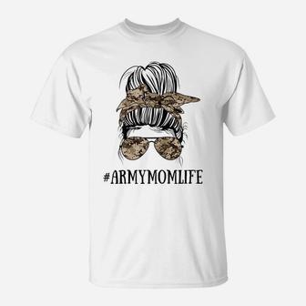 Womens Messy Bun Life Of A Proud Army Mom Mother's Day Military T-Shirt | Crazezy AU