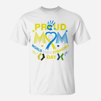 Womens Proud Mom Ribbon Yellow Blue Heart Down Syndrome Day Trisomy T-Shirt | Crazezy