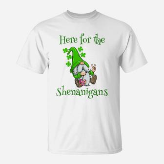 Womens St Patricks Day Here For The Shenanigans Hippie Gnome Clover T-Shirt | Crazezy