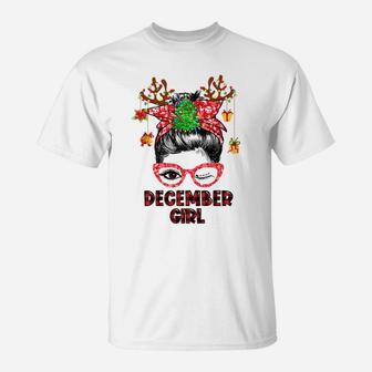 Xmas December Girl Messy Hair Bun Christmas Lady Birthday T-Shirt | Crazezy AU