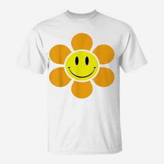 Yellow Funky Flower Smiley Face Hippie 70S Retro Vintage T-Shirt | Crazezy