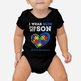 I Wear Blue For My Son Autism Awareness Mom Dad Parents Baby Onesie | Crazezy