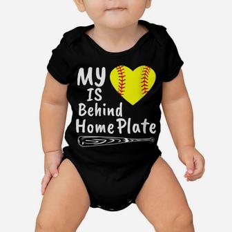 Womens My Heart Is Behind Home Plate Softball Proud Mom Dad Gift Baby Onesie | Crazezy