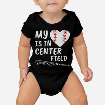 Womens My Heart Is In Center Field Baseball Bat Proud Mom Dad Gift Baby Onesie | Crazezy