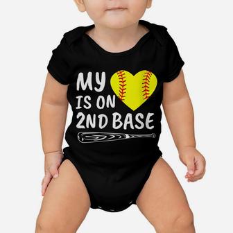 Womens My Heart Is On 2Nd Base Softball Bat Proud Mom Dad Gift Baby Onesie | Crazezy