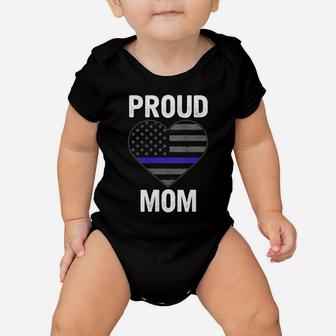 Womens Proud Mom Blue Line Law Enforcement Flag Heart Baby Onesie | Crazezy