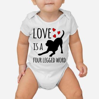 Funny Dog Mom Dog Dad Black Lab "Love Is A Four-Legged Word" Baby Onesie | Crazezy