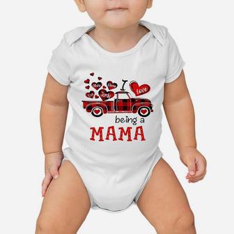 I Love Being A Mama Red Plaid Truck Heart Baby Onesie | Crazezy CA
