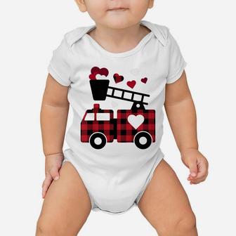 Kids Fire Truck Buffalo Plaid Valentines Day Mom Dad Son Baby Onesie | Crazezy UK