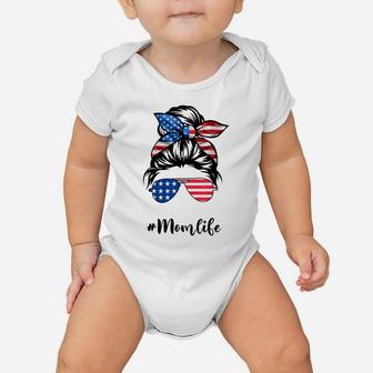 Mom Life Messy Bun America Flag Mothers Day Gift 4Th Of July Baby Onesie | Crazezy