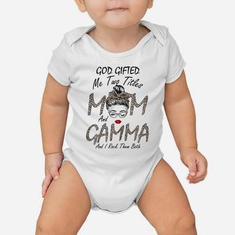 Womens God Gifted Me Two Titles Mom Gamma Leopard Wink Woman Funny Baby Onesie | Crazezy