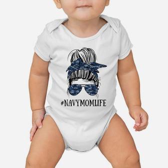 Womens Messy Bun Life Of A Proud Mom Navy Mother's Day Military Mom Baby Onesie | Crazezy