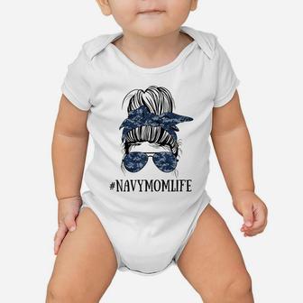 Womens Messy Bun Life Of A Proud Mom Navy Mother's Day Military Mom Baby Onesie | Crazezy CA