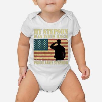 Womens My Stepson Has Your Back - Proud Army Stepmom Military Mom Baby Onesie | Crazezy
